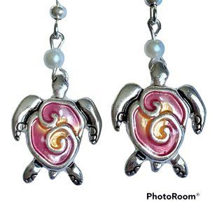 Pearl Turtle Earrings Silver Plated Nautical Island Sea Life Pierced Pink Yellow